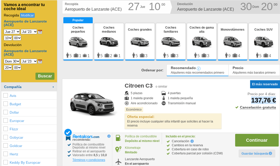 ¿Cuánto cuesta alquilar un coche 3 días en 2023 con la oferta de RentalCars?